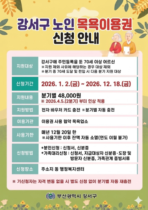 부산 강서구, 노인 목욕 지원금 확대… 분기별 4만 8천 원 지급
