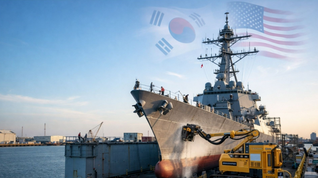 함정 MRO(유지·보수·정비) 작업이 진행되는 모습을 형상화한 이미지(해당 이미지는 이해를 돕기 위해 AI로 생성된 자료임). 중소조선연구원 제공