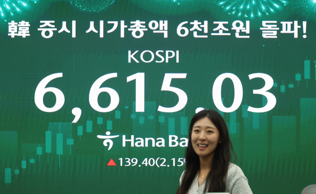 국내 증시(코스피, 코스닥, 코넥스) 시가총액이 사상 처음으로 6천조원을 넘어선 지난 27일 서울 중구 하나은행 딜링룸 현황판에 사상 처음으로 6,600선을 돌파한 코스피 종가가 표시돼있다. 연합뉴스