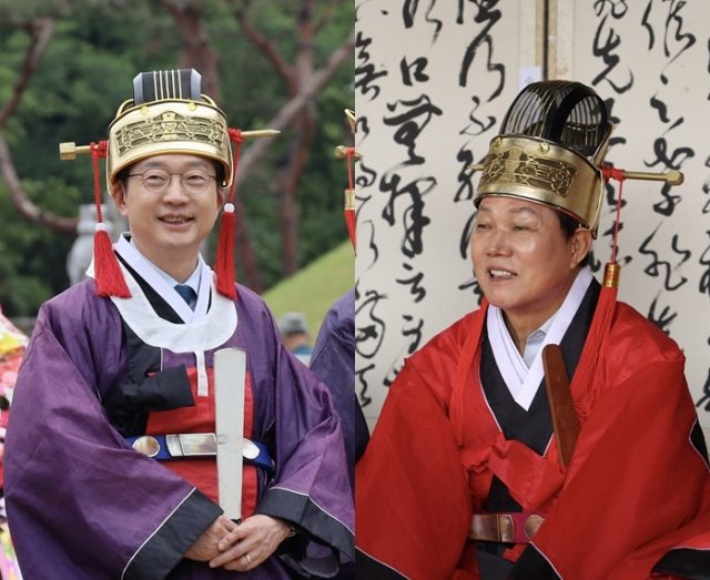 1일 김경수(왼쪽) 후보와 박완수 후보가 김해 김수로왕릉 춘향대제에 나란히 참석했다. 각 후보 캠프 제공