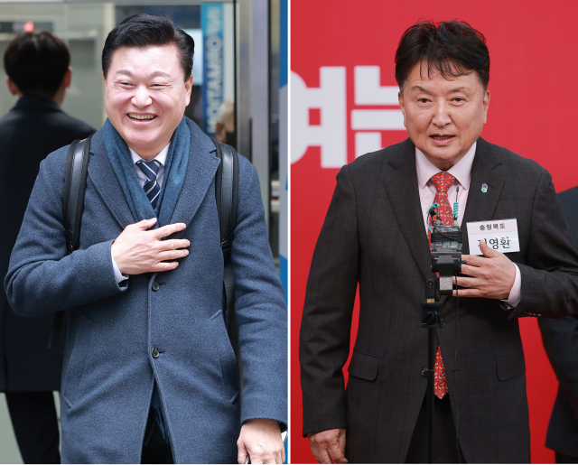 더불어민주당 충북지사 후보인 신용한 대통령 직속 지방시대위원회 부위원장과 국민의힘 충북지사 후보 김영환 지사(오른쪽). 연합뉴스
