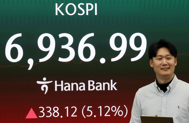 코스피가 4일 사상 처음 6900선을 넘어섰다. 서울 중구 하나은행 딜링룸 현황판. 연합뉴스