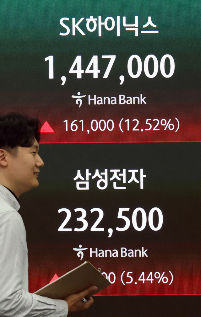 지난 4일 서울 하나은행 딜링룸 현황판에 삼성전자 주가가 표시되고 있다. 연합뉴스