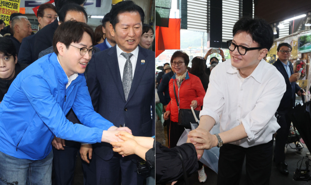부산 북갑 국회의원 보궐선거에 출마한 더불어민주당 하정우 전 청와대 AI미래기획수석과 한동훈 전 국민의힘 대표가 휴일인 지난 3일 오전 나란히 북구 구포시장을 찾아 상인 및 지역 주민들과 인사를 나누는 등 지지를 호소했다. 부산일보DB