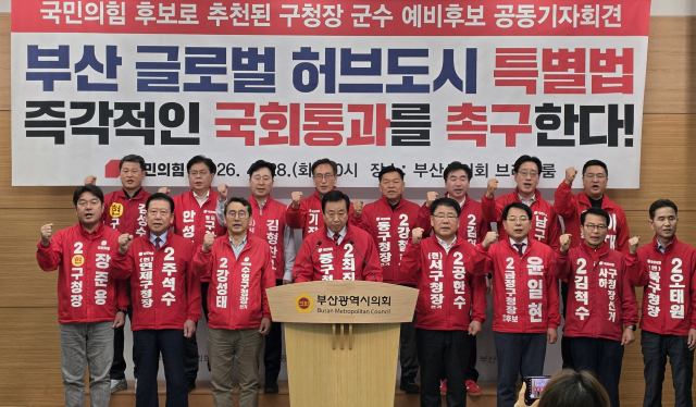 6.3 지방선거에 출마한 국민의힘 기초단체장 후보들이 지난달 28일 부산시의회에서 글로벌허브특별법의 조속 통과를 촉구하고 있다. 부산일보DB