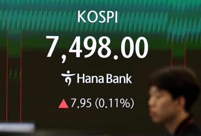 8일 코스피가 장 후반 상승 전환해 7498에서 장을 마치며 또 사상 최고치를 경신했다. 사진은 이날 서울 하나은행 본점 딜링룸의 딜러들 모습. 연합뉴스