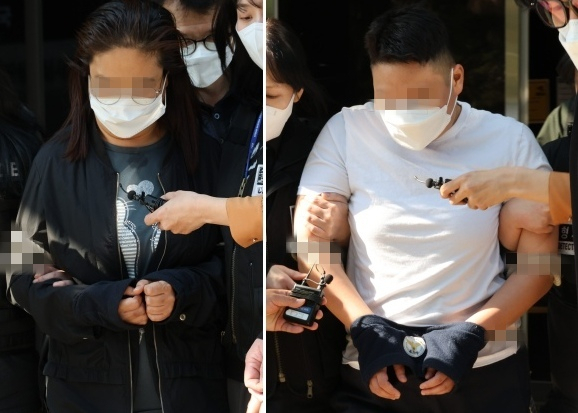 약물을 탄 술로 남편을 살해하려 한 혐의를 받는 태권도장 직원(왼쪽)과 공범 관장이 9일 오후 구속 전 피의자 심문(영장실질심사)이 끝난 뒤 인천지법 부천지원을 나서고 있다. 연합뉴스