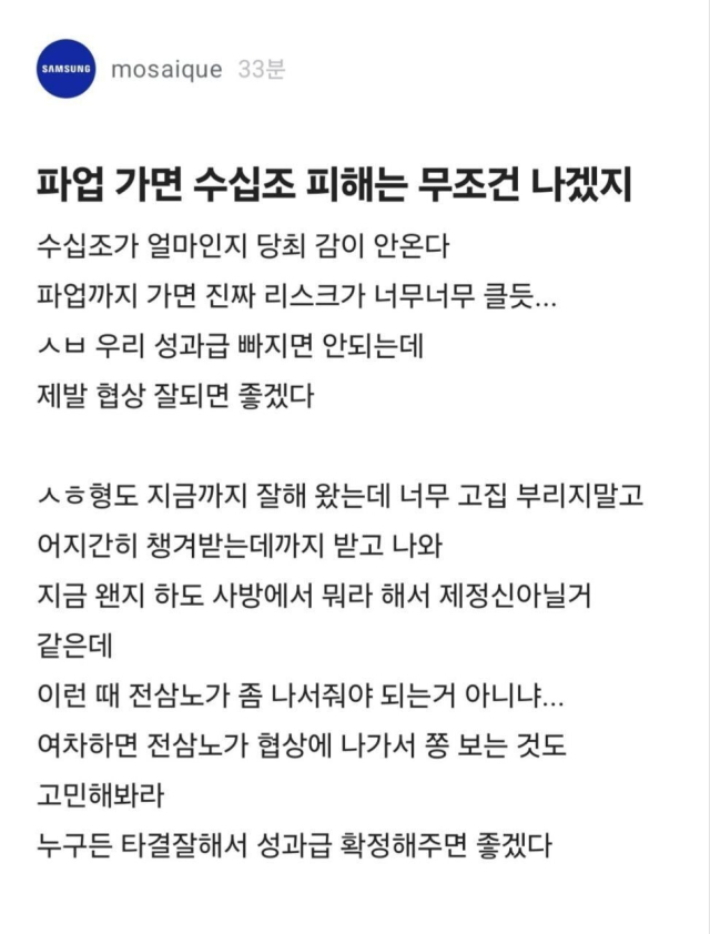 직장인 익명 게시판에 올라온 삼성전자 노조 파업에 대한 우려의 글. 독자 제공.