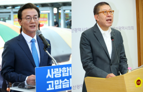 왼쪽부터 더불어민주당 전재수 부산시장 후보, 국민의힘 박형준 부산시장 후보. 연합뉴스