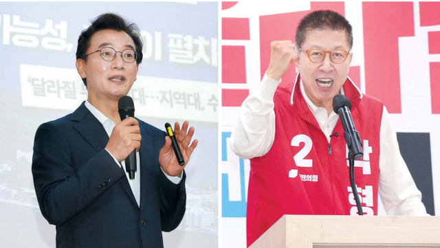 선거 열기가 고조되면서 부산시장 여야 후보간 네거티브 공방이 거세게 일어나고 있다. 12일 영도구 국립한국해양대학교를 찾은 더불어민주당 전재수 후보(왼쪽)와 같은 날 국민의힘 부산시당 필승결의대회에 참석한 박형준 후보. 정대현·이재찬 기자 jhyun@