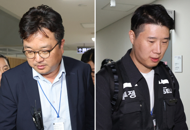 삼성전자 대표교섭위원인 김형로 부사장(왼쪽 사진)과 최승호 초기업노조 삼성전자지부 위원장(오른쪽 사진)이 13일 새벽 세종시 정부세종청사 중앙노동위원회에서 2026년 임금협약 체결을 위한 2차 사후조정이 결렬된 후 협상장을 각각 떠나고 있다. 연합뉴스