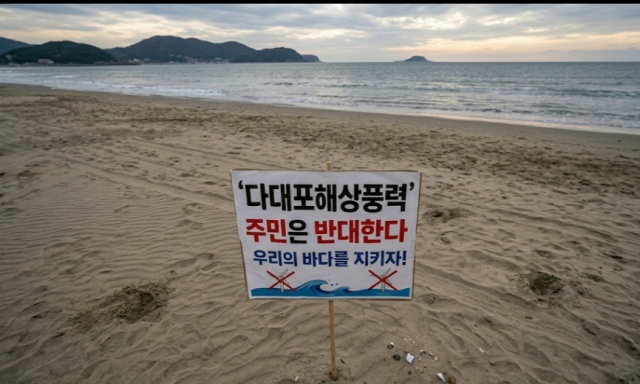 지난 15일 다대포해수욕장에 세워진 다대 해상풍력 개발 반대 팻말. 독자 제공