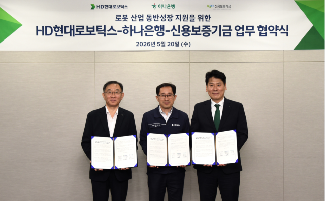 HD현대로보틱스는 20일 대구 본사에서 하나은행, 신용보증기금과 ‘차세대 로봇 솔루션 개발 및 해외시장 진출 활성화를 위한 상생 금융지원 업무협약(MOU)’를 체결했다고 밝혔다.