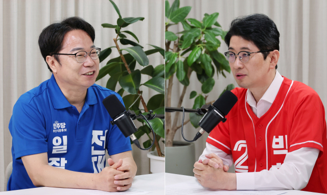 더불어민주당 부산시장 후보 캠프의 이재성 상임선대위원장과 국민의힘 캠프의 주진우 상임선대위원장이 21일 오전 <부산일보TV>에서 토론을 하고 있다. 정종회 기자 jjh@