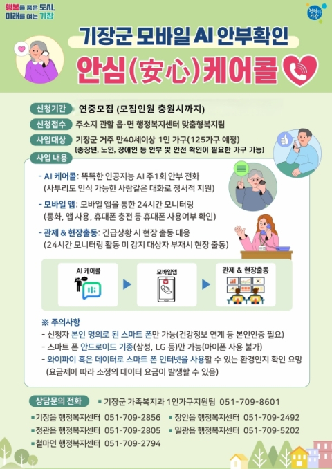 기장군, AI 기반 ‘안심 케어콜’ 1인 가구 돌봄 강화