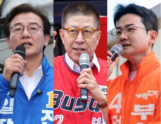 부산시장 선거에 출마한 전재수 더불어민주당 후보, 박형준 국민의힘 후보, 정이한 개혁신당 후보. 부산일보DB·정이한 부산시장 후보 페이스북 캡처