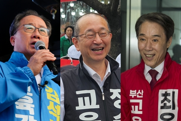 선거에 나선 후보의 점퍼 색깔에는 선거 전략이 잘 드러난다. 왼쪽부터 김석준, 정승윤, 최윤홍 부산시교육감 후보. 각 캠프 제공