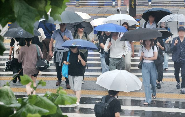 부산 동구 초량동 부산역 앞 횡단보도에 시민들이 우산을 받쳐들고 지나가고 있다. 부산일보DB