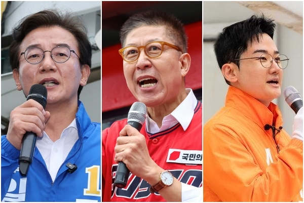 6·3 지방선거 부산시장 선거에 출마한 더불어민주당 전재수(왼쪽부터) 후보와 국민의힘 박형준 후보, 개혁신당 정이한 후보. 정종회 기자 jjh@·정이한 캠프 제공