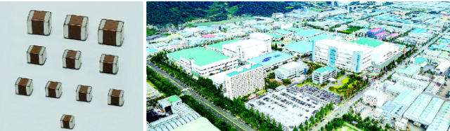 삼성전기의 MLCC 제품(왼쪽)과 부산사업장 전경. 삼성전기 제공