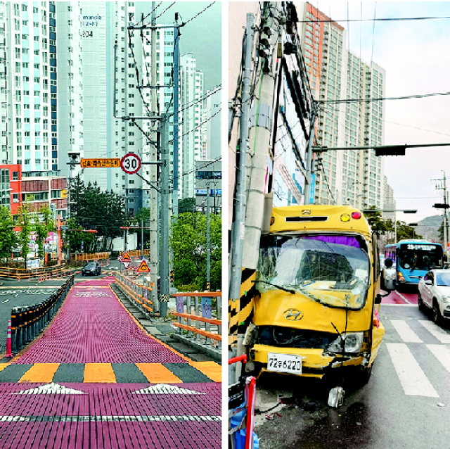 부산 북구 만덕동 상학로 만덕중학교 앞 스쿨존 모습(왼쪽). 상학로에서는 지난 3월 13일 유치원 통학버스가 빗길에 미끄러지는 3중 추돌사고가 발생하는 등 빗길 미끄럼 사고 위험이 커 민원이 잇따르고 있다. 부산소방재난본부 제공