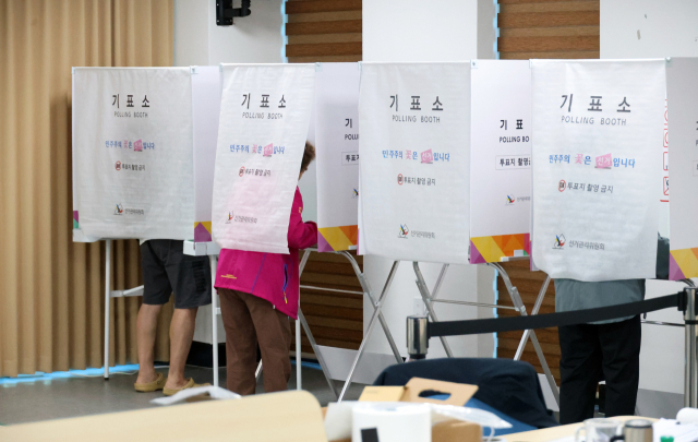 제9회 전국동시지방선거 사전투표 이틀 차인 30일 오전 충남 공주시 반포면행정복지센터 2층에 마련된 사전투표소에서 유권자들이 투표하고 있다. 연합뉴스
