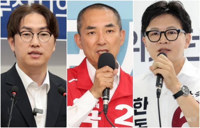 왼쪽부터 부산 북갑 국회의원 보궐선거에 출마한 더불어민주당 하정우 후보, 국민의힘 박민식 후보, 무소속 한동훈 후보. 이재찬·정대현 기자 chan@