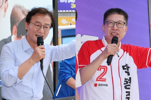 더불어민주당 전재수 부산시장 후보가 1일 오후 부산 동구 범일동에서 지지를 호소하고 있다(왼쪽). 같은 날 국민의힘 박형준 부산시장 후보가 영도구 봉래시장 인근에서 지지를 호소하고 있다. 정종회 기자 jjh@
