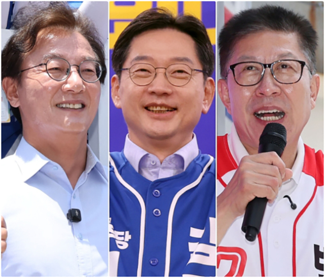 왼쪽부터 더불어민주당 전재수 부산시장 후보, 김경수 경남지사 후보, 국민의힘 박형준 부산시장 후보. 부산일보DB·연합뉴스
