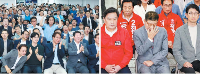 3일 부산 부산진구 더불어민주당 전재수 부산시장 후보 캠프에서 변성완 시당위원장 등이 출구조사 결과 전 후보가 이기는 것으로 나타나자 기뻐하고 있다.(왼쪽) 같은날 박형준 국민의힘 부산시장 후보가 부산 수영구 국민의힘 부산시당에서 출구조사 결과를 확인하고 있다. 정종회.김종진 기자 jjh@