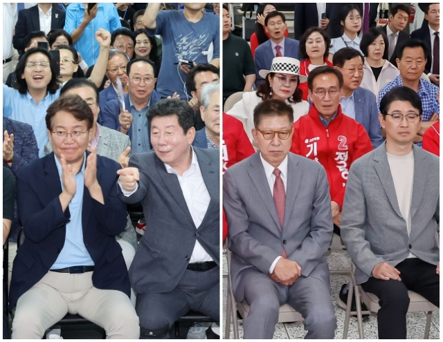 3일 부산 부산진구 더불어민주당 전재수 부산시장 후보 캠프에서 변성완 시당위원장 등이 출구조사 결과 전 후보가 이기는 것으로 나타나자 기뻐하고 있다.(왼쪽) 같은 날 박형준 국민의힘 부산시장 후보가 부산 수영구 국민의힘 부산시당에서 출구조사 결과를 확인하고 있다. 정종회.김종진 기자 jjh@