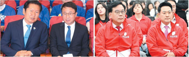 더불어민주당 정청래 총괄상임선거대책위원장 등 지도부가 3일 국회 의원회관에 마련한 제9회 전국동시지방선거·국회의원 재보궐선거 개표상황실에서 출구조사 결과를 지켜보고 있다(왼쪽). 장동혁 국민의힘 대표와 지도부는 이날 서울 여의도 국민의힘 중앙당사에 마련된 국민의힘 개표상황실에서 출구조사 결과를 지켜봤다. 연합뉴스