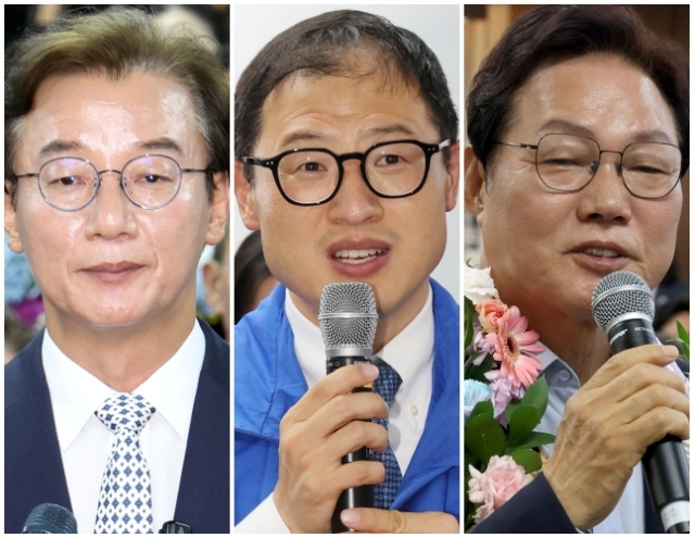 왼쪽부터 더불어민주당 전재수, 김상욱 당선인, 국민의힘 박완수 당선인. 연합뉴스