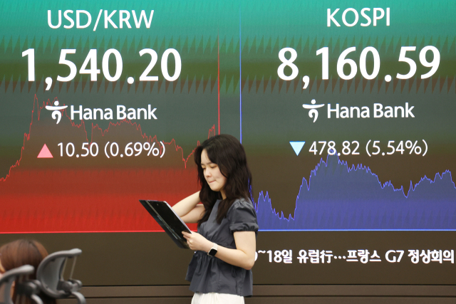 5일 서울 중구 하나은행 딜링룸 현황판에 코스피 등이 표시되고 있다. 연합뉴스