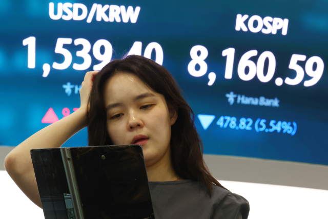 5일 서울 중구 하나은행 딜링룸 현황판에 코스피 등이 표시되고 있다. 이날 코스피는 전 거래일 대비 478.82포인트(5.54%) 내린 8,160.59에 장을 마감했다. 서울 외환시장에서 원/달러 환율은 전 거래일(1529.7원)보다 9.4원 오른 1539.1원에 주간 거래를 마쳤다. 연합뉴스