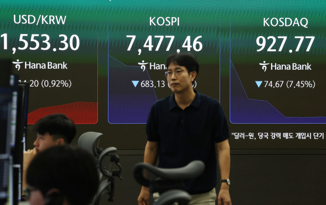 급락장에 코스피 서킷 브레이커가 발동된 8일 서울 하나은행 본점 딜링룸에서 딜러들이 업무를 보고 있다. 연합뉴스
