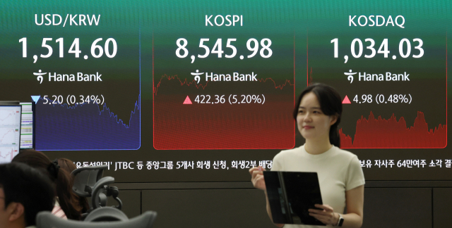 코스피가 미국과 이란 간 종전 합의에 상승 마감한 15일 서울 중구 하나은행 딜링룸 현황판에 코스피와 코스닥, 원/달러 환율이 표시되고 있다. 이날 코스피는 전장보다 422.36포인트 오른 8,545.98에, 코스닥은 4.98포인트(0.48%) 오른 1,034.03으로 장을 마감했다. 원/달러 환율은 8.7원 내린 1,511.1원이다. 연합뉴스