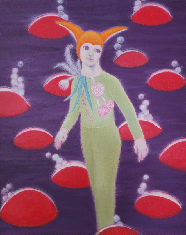 김춘자의 'Greenyoil on canvas'(2024). 땅도 숨 쉰다는 사실을 잊은 우리에게, 그리니가 건네는 숨 쉬는 대지의 아름다운 산책. space bv 제공