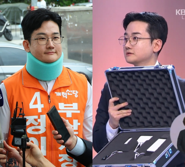 4월 29일 부산 북구 구포시장을 찾은 당시 정이한 개혁신당 부산시장 후보(왼쪽) 모습과 5월 26일 부산시장 TV 토론에서 거짓말탐지기 들어보이는 정 후보(오른쪽) 모습. 연합뉴스 및 KBS부산 방송 화면 갈무리