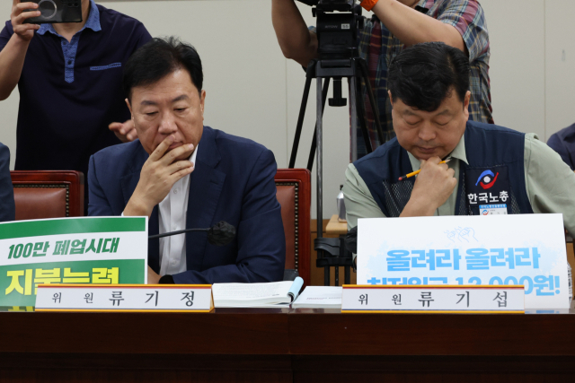 23일 정부세종청사 최저임금위원회에서 열린 제8차 전원회의에서 사용자위원인 류기정 한국경영자총협회(경총) 전무(왼쪽)와 근로자위원인 류기섭 한국노총 사무총장이 굳은 표정으로 발언을 듣고 있다. 이날 회의부터 내년도 최저임금 인상률을 본격 논의한다. 노동계는 최저임금 최초 요구안으로 올해보다 16.3% 오른 시급 1만2000원, 월 250만 8000원(월 209시간 기준)을 제시했다. 연합뉴스