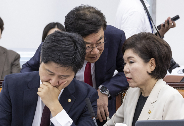 5월 18일 국회에서 열린 행정안전위원회 전체 회의에서 국민의힘 서범수 간사(가운데)와 이날 행안위에 새롭게 보임한 조은희 의원(오른쪽)이 대화하고 있다. 연합뉴스