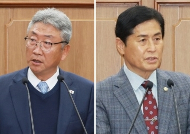 제10대 통영시의회 전반기 의장 후보로 등록한 더불어민주당 정광호 의원과 무소속 전병일 의원. 사무국 제공