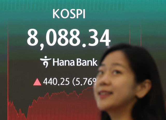코스피가 8000선을 회복한 지난 3일 서울 중구 하나은행 딜링룸 현황판. 연합뉴스