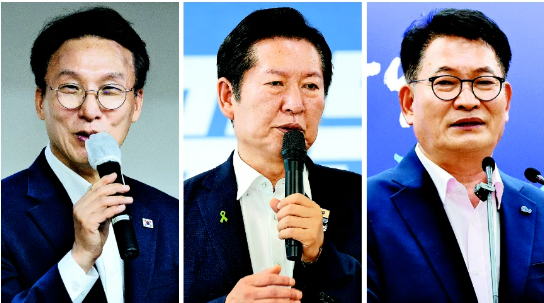 더불어민주당 권리당원 투표를 앞두고 3명의 후보가 세 몰이에 나서고 있다. 왼쪽부터 김민석 전 총리와 정청래 전 대표, 송영길 의원. 연합뉴스
