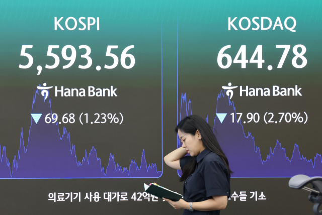 지난달 30일 서울 중구 하나은행 딜링룸 전광판에 코스닥 지수 현황이 표시돼 있다. 연합뉴스