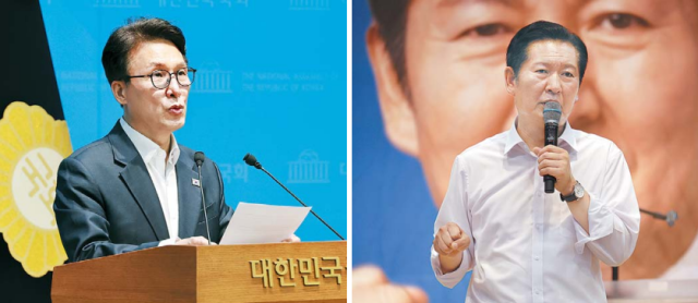 더불어민주당 김민석 당대표 후보가 10일 국회에서 당 대표 당선 시 3대 메가프로젝트 성공을 당 1호 과제로 추진하겠다고 밝혔다(왼쪽). 정청래 당대표 후보는 같은 날 전북 전주대학교에서 열린 전북당원결집대회에서 지지를 호소하고 있다. 연합뉴스