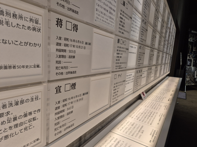 지난 2일 일본 군마현 중감방자료관에 전시된 특별병실(중감방) 수용자 명단 중 한국인으로 추정되는 수용자들의 정보. 입퇴실일자와 거류기간, 입실이유, 사인, 사망연월일 등이 작성돼있다. 자료관 측은 이들의 수용 경위가 다른 기록에서 확인되면 옆 칸에 기재하고 있으나, 조선인에 대한 정보는 아직 발견되지 않아 빈 칸으로 남아있다. 군마(일본)/사진=손혜림 기자 hyerimsn@