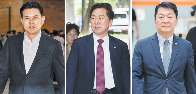 PK 출신 국민의힘 중진들의 당권 경쟁이 물밑에서부터 치열하게 벌어지고 있다. 왼쪽부터 국민의힘 김태호, 김기현, 안철수 의원. 연합뉴스