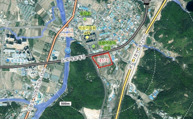 양산시가 최근 부지 조성 공사를 완료한 동부행정타운과 옛 국도7호선을 연결하는 도로 노선도. 양산시 제공