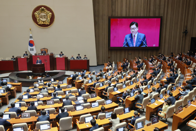 국민의힘 정점식 원내대표가 8일 국회에서 열린 정기국회 제4차 본회의에서 교섭단체 대표 연설을 하고 있다. 연합뉴스